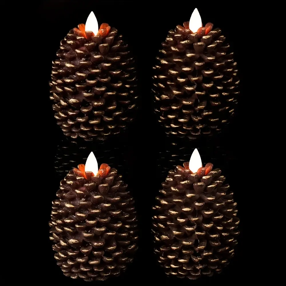Pine Cone Flameless Candles Battery Operated With 6 Hour Timer Unscented Real Wax Flat Wick Flickering Pinecone LED Candles Christmas Home Holiday Decoration(4 Pack Brown)