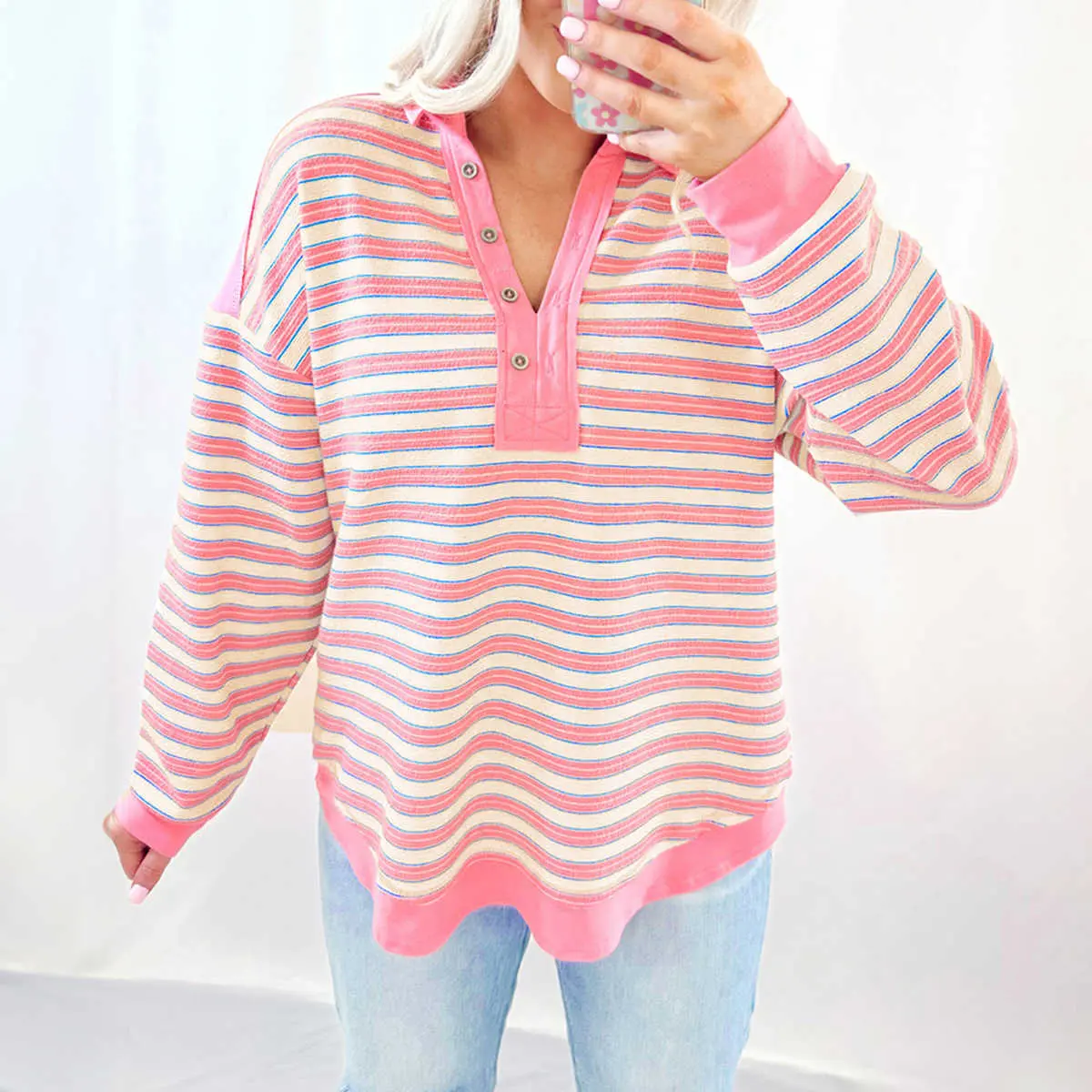 Pink Stripe Buttoned V Neck Collared Drop Shoulder Top