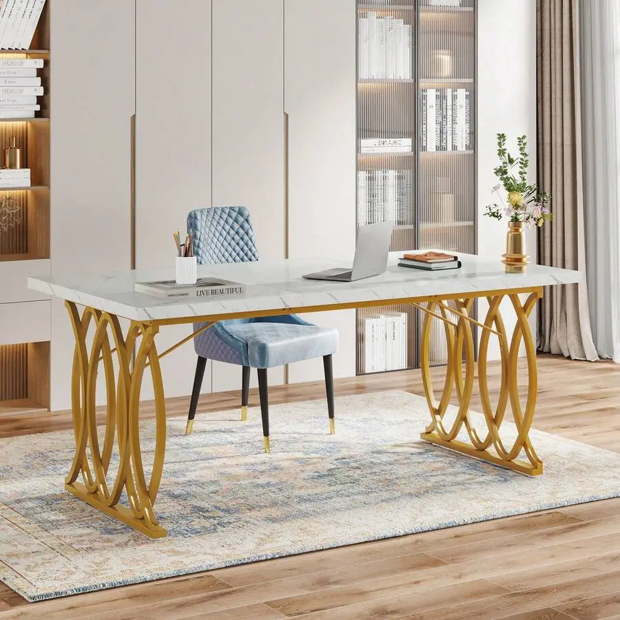 Executive Desk 63" W, Large Modern Computer Desk & Conference Table, White And Gold Office Meeting Room Table, Business Furniture Home Office