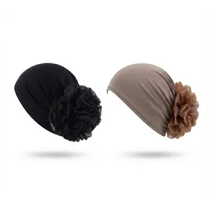 Women's 2PCS Stretch Knit Flower Turban Head Wrap Set - Chemo Headwear, Chiffon Flower Hijab (Brown & Black) Head Scarf Headscarf