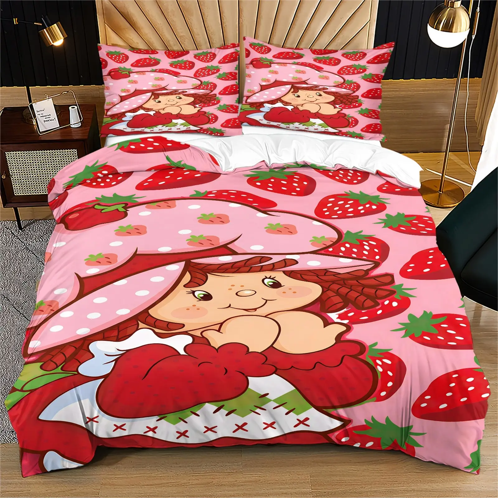 Strawberry Girl Printed Pattern Quilt Set, including 1 duvet cover and 1 or 2 pillowcases, without a core or pillow, suitable for bedroom or dormitory bedding set, suitable for gift giving or personal use