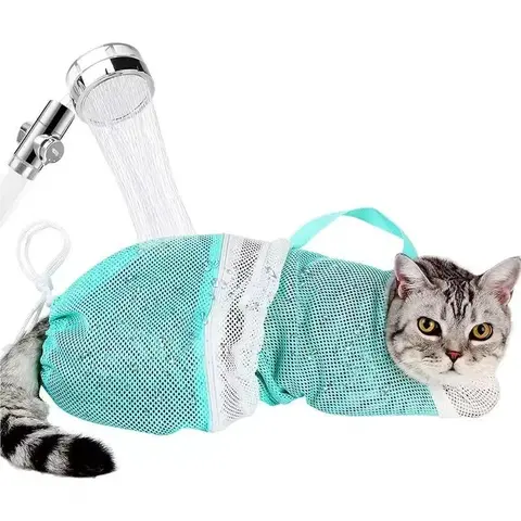 Portable Cat Bathing Bag, Adjustable Drawstring Mesh Shower Sack, Safe, Cute and Clean Travel Grooming Tool for Cats, Kittens and Kitty, Ideal for Pet Care, Grooming Supplies
