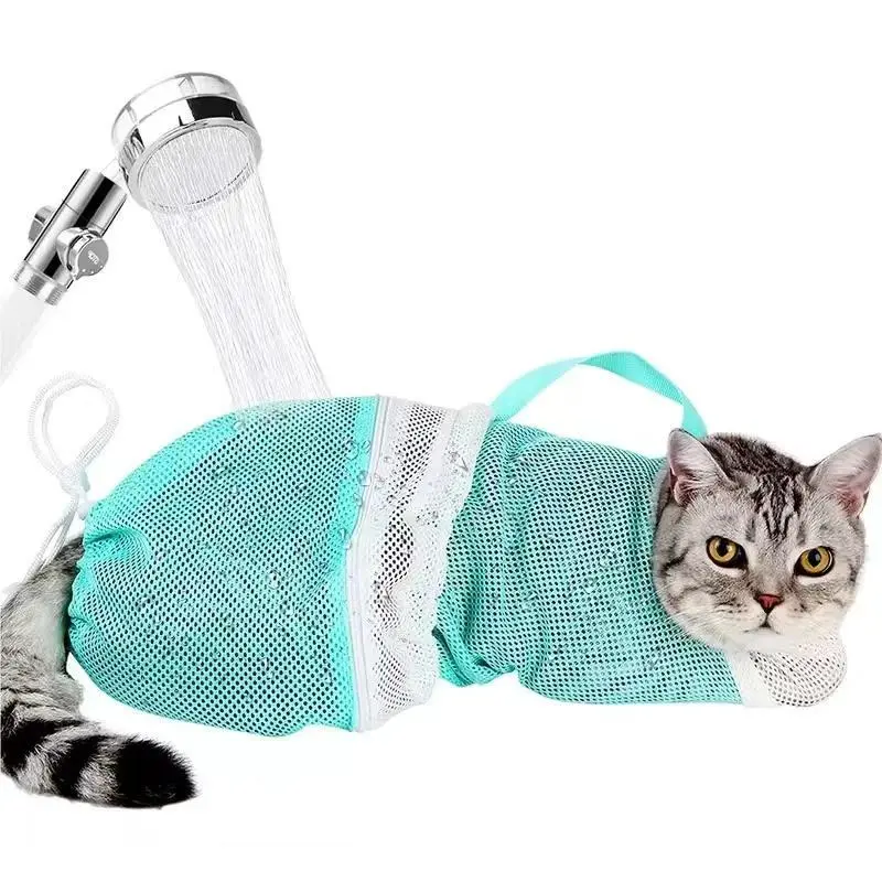 Portable Cat Bathing Bag, Adjustable Drawstring Mesh Shower Sack, Safe, Cute and Clean Travel Grooming Tool for Cats, Kittens and Kitty, Ideal for Pet Care, Grooming Supplies