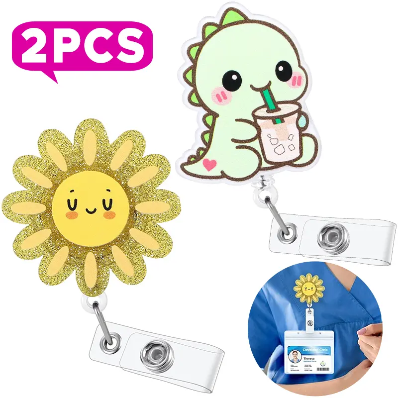 2 Pack Kawaii Smiling Sun & Iced Coffee Dino Retractable Badge Reels, Acrylic Work ID Holder Clip for CNA MA RN LPN Medical Staff Office Accessories