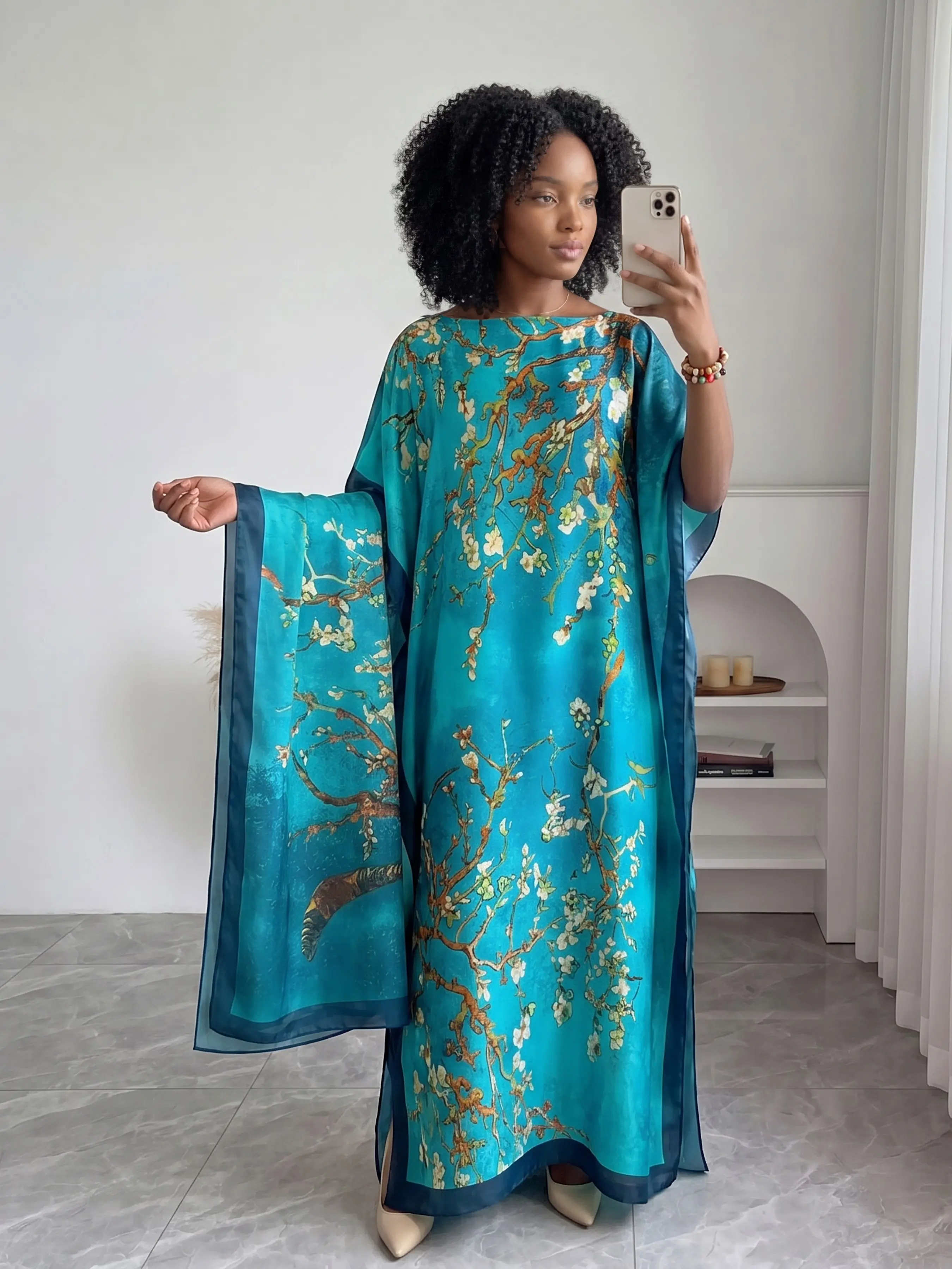 Women's Fashion Elegant Floral Print Moomoo Robe Set, Long Dress with Headscarf, Beach Sun Protection Silk Scarf, Summer