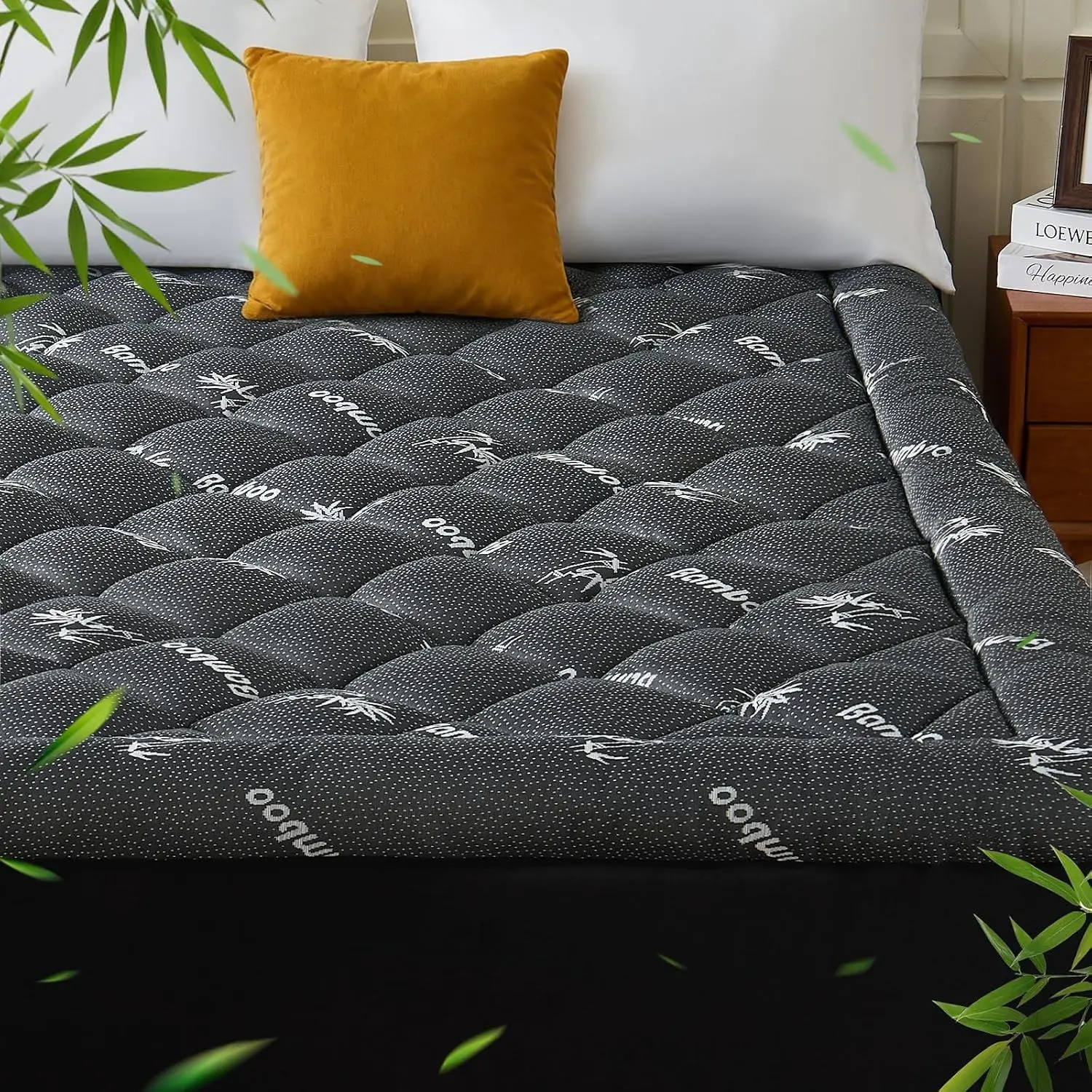 Queen Size Bamboo Viscose Thick Pillow Top Mattress Topper with Deep Pocket Fits 6–18 Inch Mattress, Naturally Cooling for Hot Sleepers, Soft Back Pain Relief, Premium Dark GreyGift