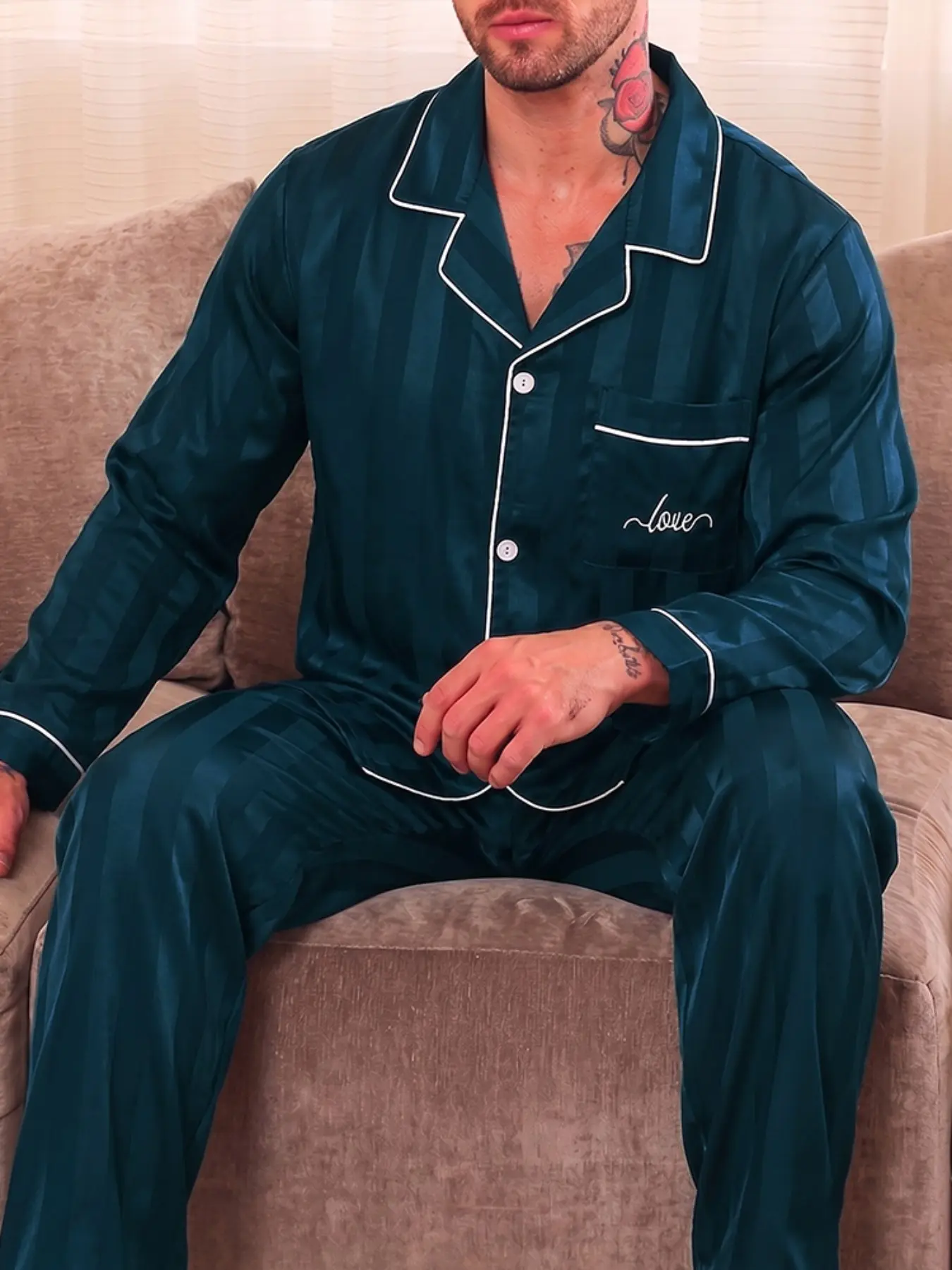 Men's Ice Silk Pajama Set, Short Sleeve Striped Casual Sleepwear, Button Front Fitted Ankle-Length, All-Season Home Wear