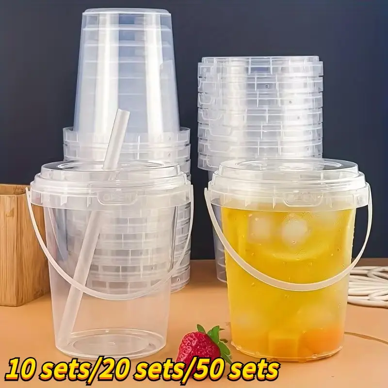 1000ML Disposable Fruit Bucket with Lid and Straw, Reusable Plastic Cup for Jelly, Ice Cream, Coffee, Cold Hot Drinks, Party Supplies, Cups with Lids