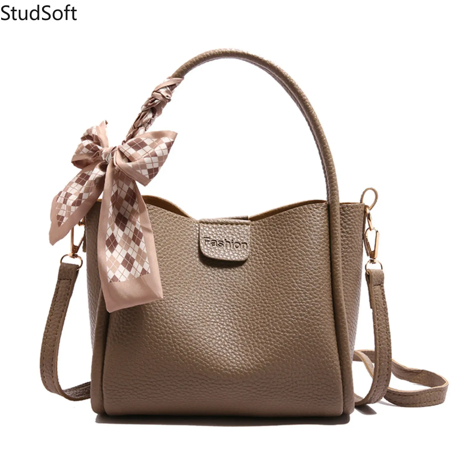 Women's Casual Tote Bag in Lychee Pattern PU Leather, Multifunctional Top-Handle Handbag with Crossbody Strap and Elegant Plaid Scarf