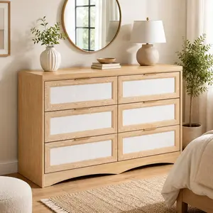 ARCH 6-Drawer Chest of Drawers for Bedroom, 47.24"W Wide Double Dresser with Scalloped Base, Farmhouse Transitional Style, MDF Wood, Two-Tone Light Oak and White, Large Storage for Clothes, Living Room Entryway, Ameican White Oak/Light Oak Color