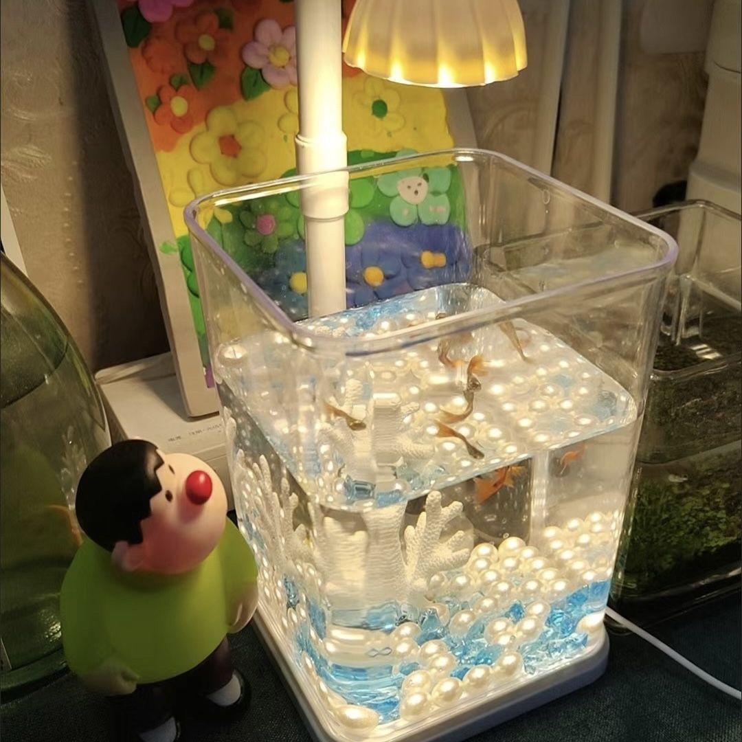 Transparent Ice Crystal Small Fish Tank Desktop Creative Betta Tank Pearl Diamond Decor Landscape Complete Set