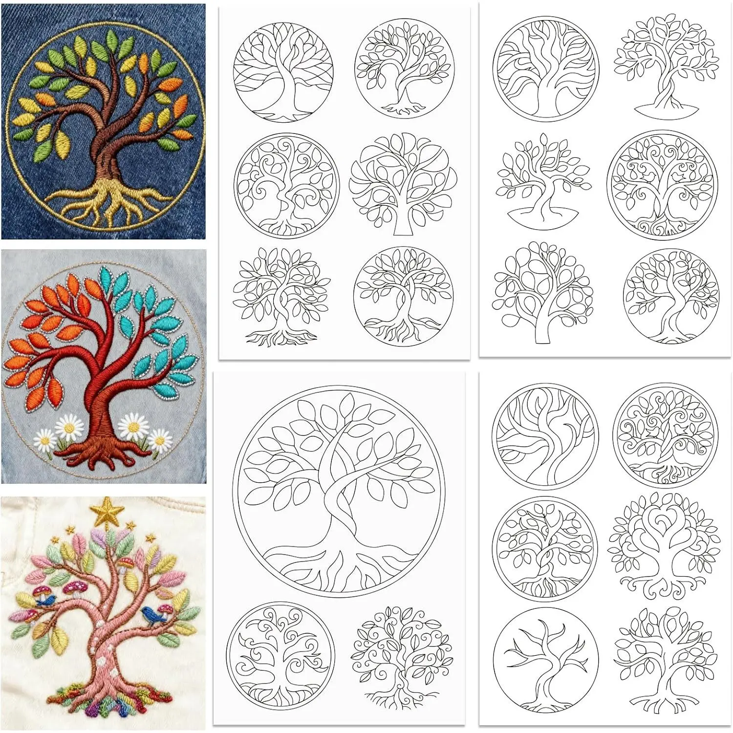 4 Sheets Water Soluble Embroidery Patterns Stabilizers - Pre-Printed Tree of Life Designs - Stick &  Embroidery Paper for Hand Sewing Lovers