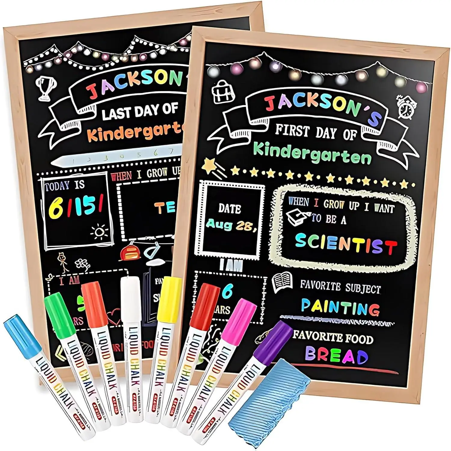 First Day of School Sign-16"x12"Wooden First and Last Day of School Board Double Sided Chalkboard with 8 Liquid Chalk Markers, Reusable Back to Schools Sign for Kindergarten Preschool