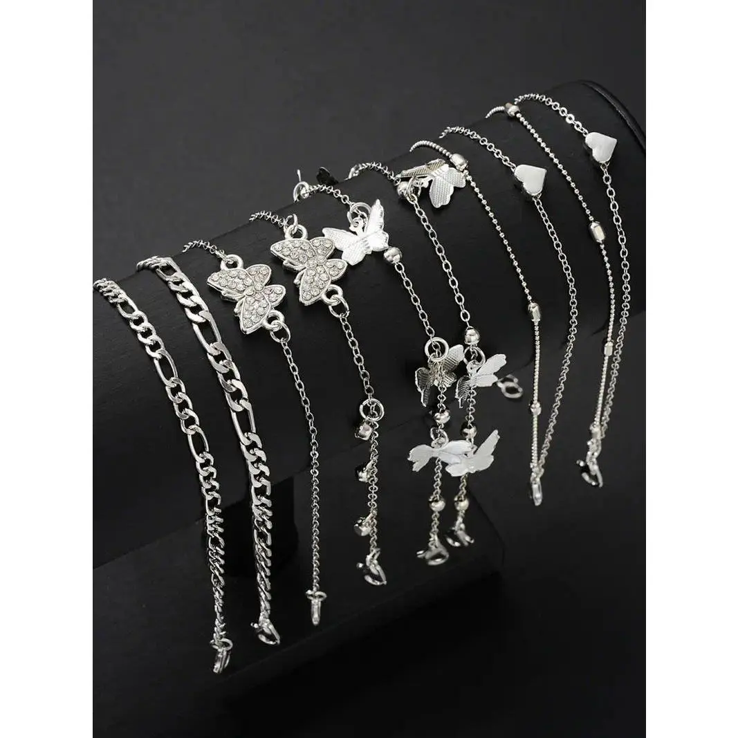 Cute Butterfly Heart Anklet Set 8 Piece Trendy Anklets For Women Daily Wear Gift Ready For Parties Dating Vacation Zinc Alloy Jewelry