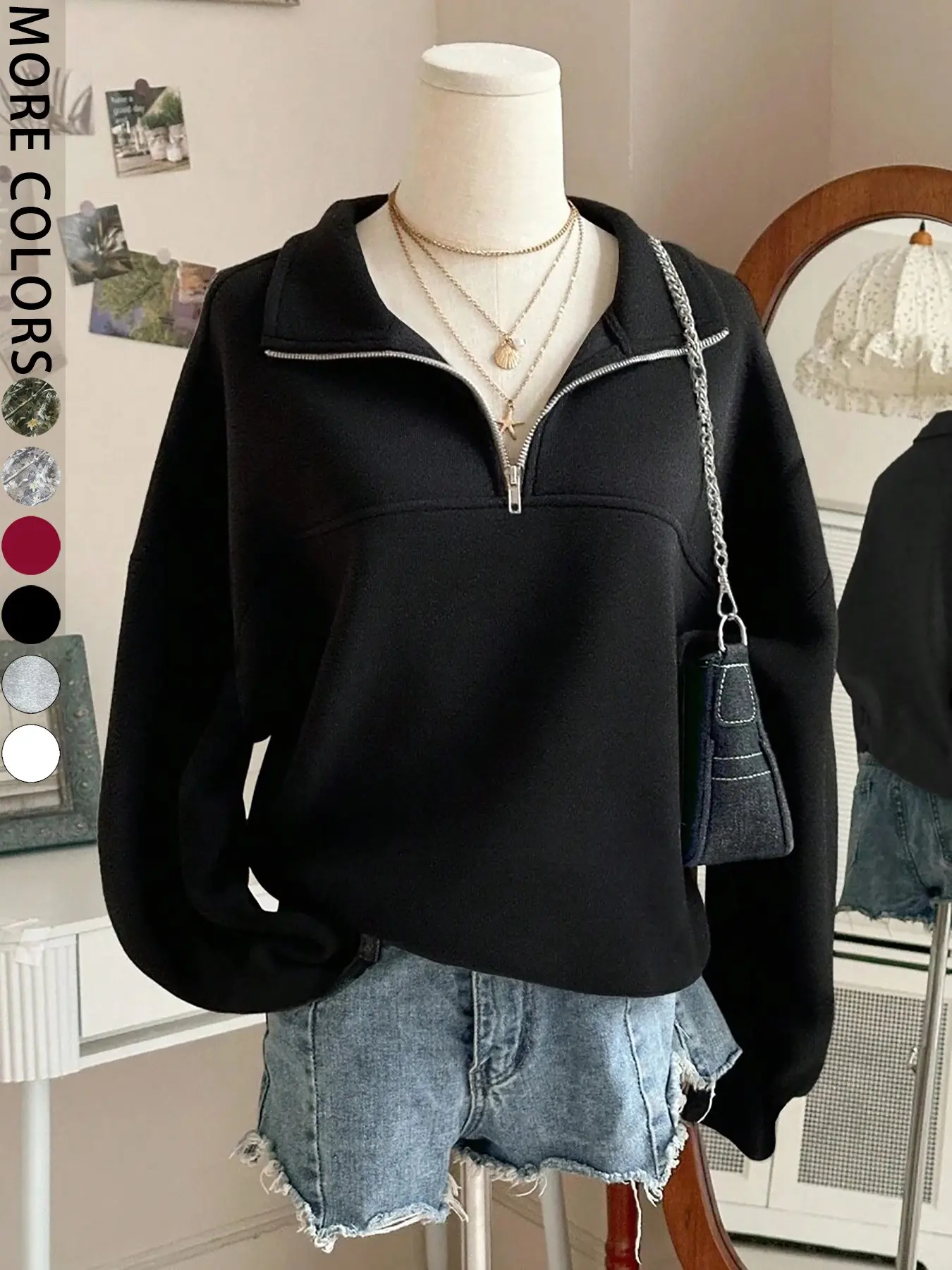 Women's solid color half zipper loose casual pullover hoodie top, versatile for daily home and commuting outdoor wear in autumn and winter