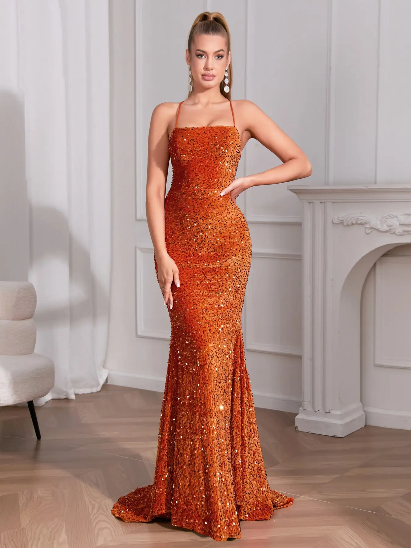 Women's High-Density Glitter Velvet Mermaid Dress, Thin Straps Square Neck Backless Cross Tie Sweep Trail Evening Gown, Graduation Wedding Carpet Party Dress