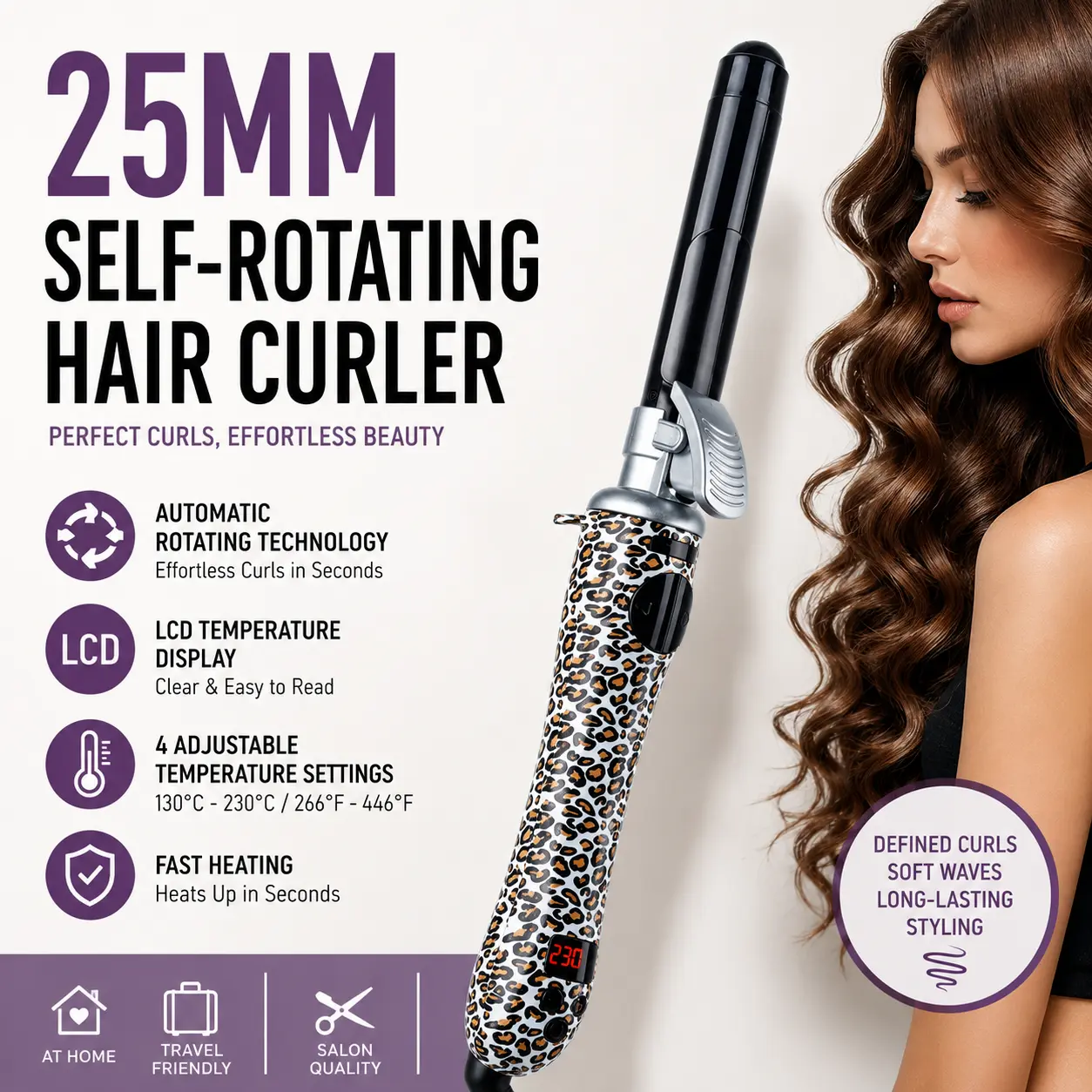25mm Automatic Rotating Hair Curler with LCD Digital Display, Self-Spinning Electric Curling Iron for Defined Curls, Bouncy Waves and Effortless Long-Lasting Hairstyles, Portable Styling Tool for Home, Travel and Salon Use