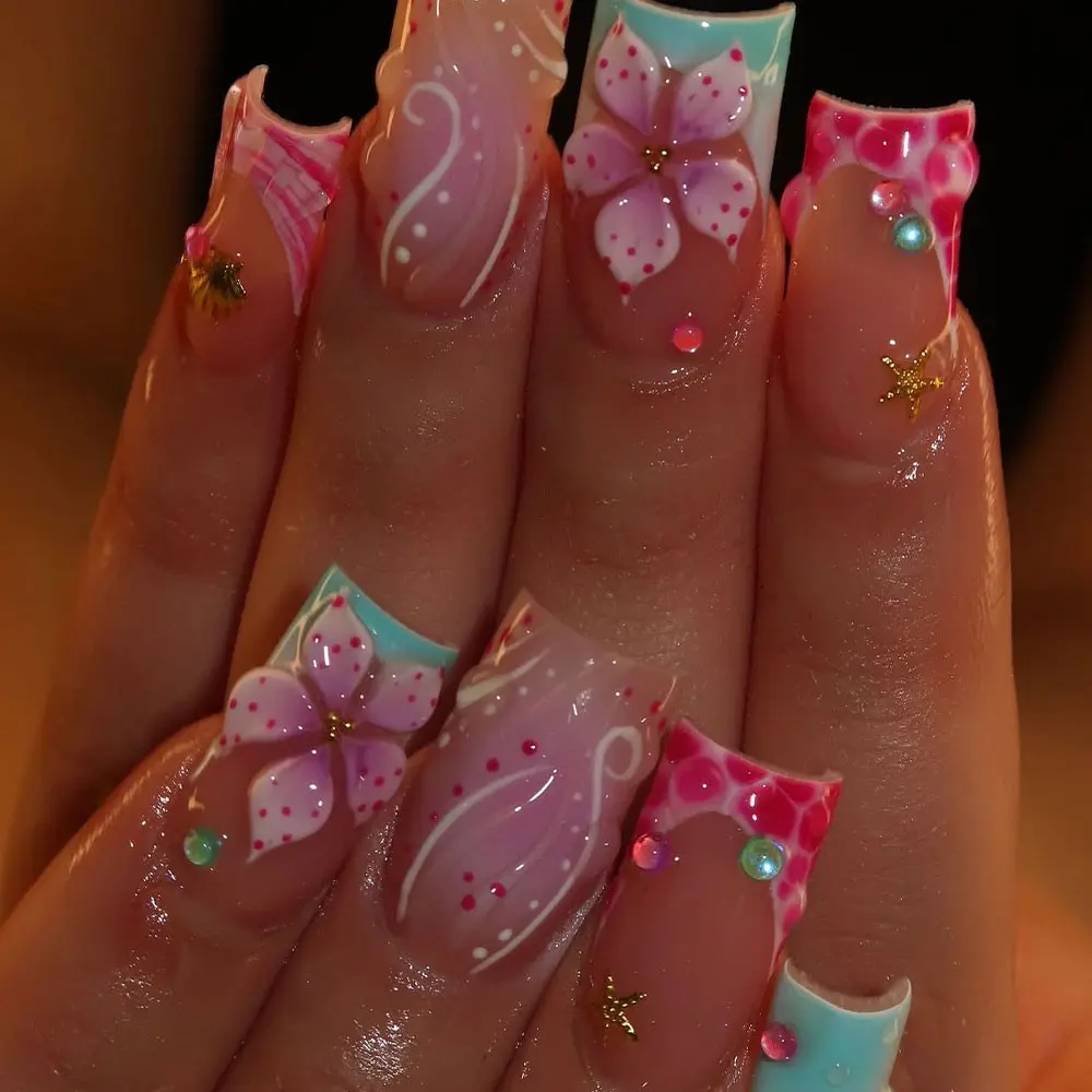24pcs 3D Gel Nail Art Set, Ocean & Hibiscus Design, Square French Tips, Acrylic False Nails, DIY Fake Nails, Includes Adhesive & File, Perfect for Daily Use & Parties