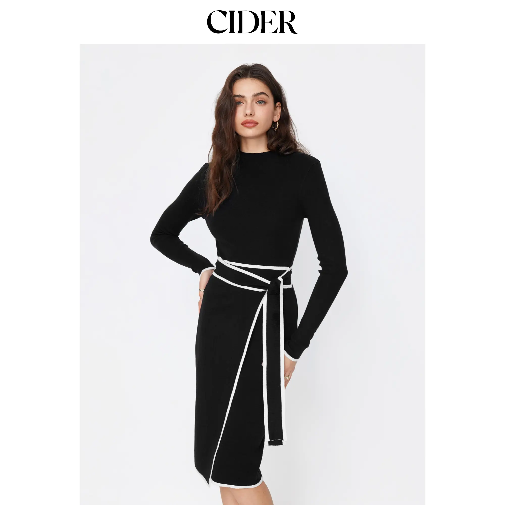 Cider Turtleneck Belted Bowknot Knitted Maxi Dress SohoChic