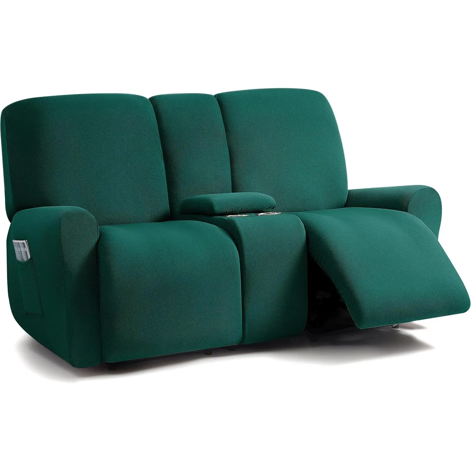 8-Piece Stretch Jacquard Fabric Patented Fit Reclining Loveseat Cover with Middle Console, Washable Deep Teal Household Slipcover for 2-Seat Recliners, 8 Pieces