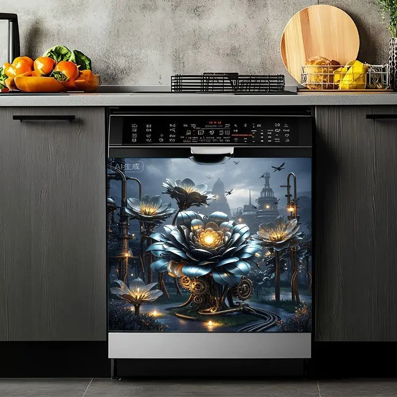 2D Flat 2Pcs Steampunk Flower Dishwasher Magnet Cover Decorative Appliance Sticker Fantasy Metallic Lotus Light Glow Design Kitchen Decor Modern Art Refrigerator for Home Washing Machine Decals Removable Waterproof