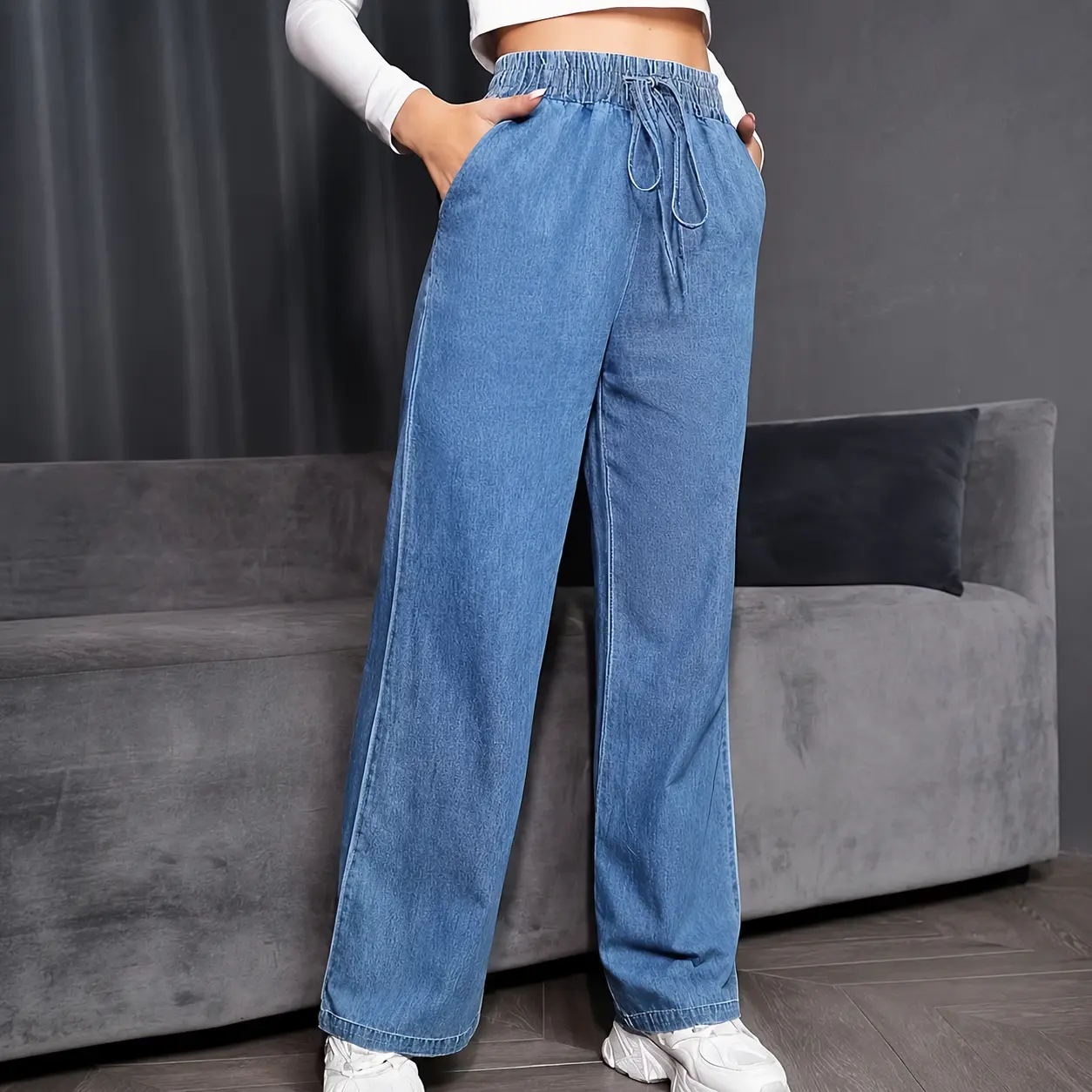 Women’s Elastic Waist Wide Leg Jeans, Drawstring Baggy Denim Pants with Pockets, Relaxed Fit Casual Trousers for Travel, Lounge and Everyday Wear