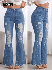 Women's Four-Season Blue Ripped Washed Hi Waist Denim Flare Pants, Fashionable Comfortable Versatile Stretch Pearl Jeans, Elegant Fitted Style