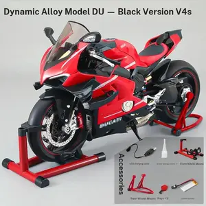 Dynamic alloy motorcycle model, 1:7 ultra-light all-carbon V4, featuring realistic sound and light effects + key start, mechanical linkage design, water spray effect, abundant alloy material construction, suitable for both collection and playing.