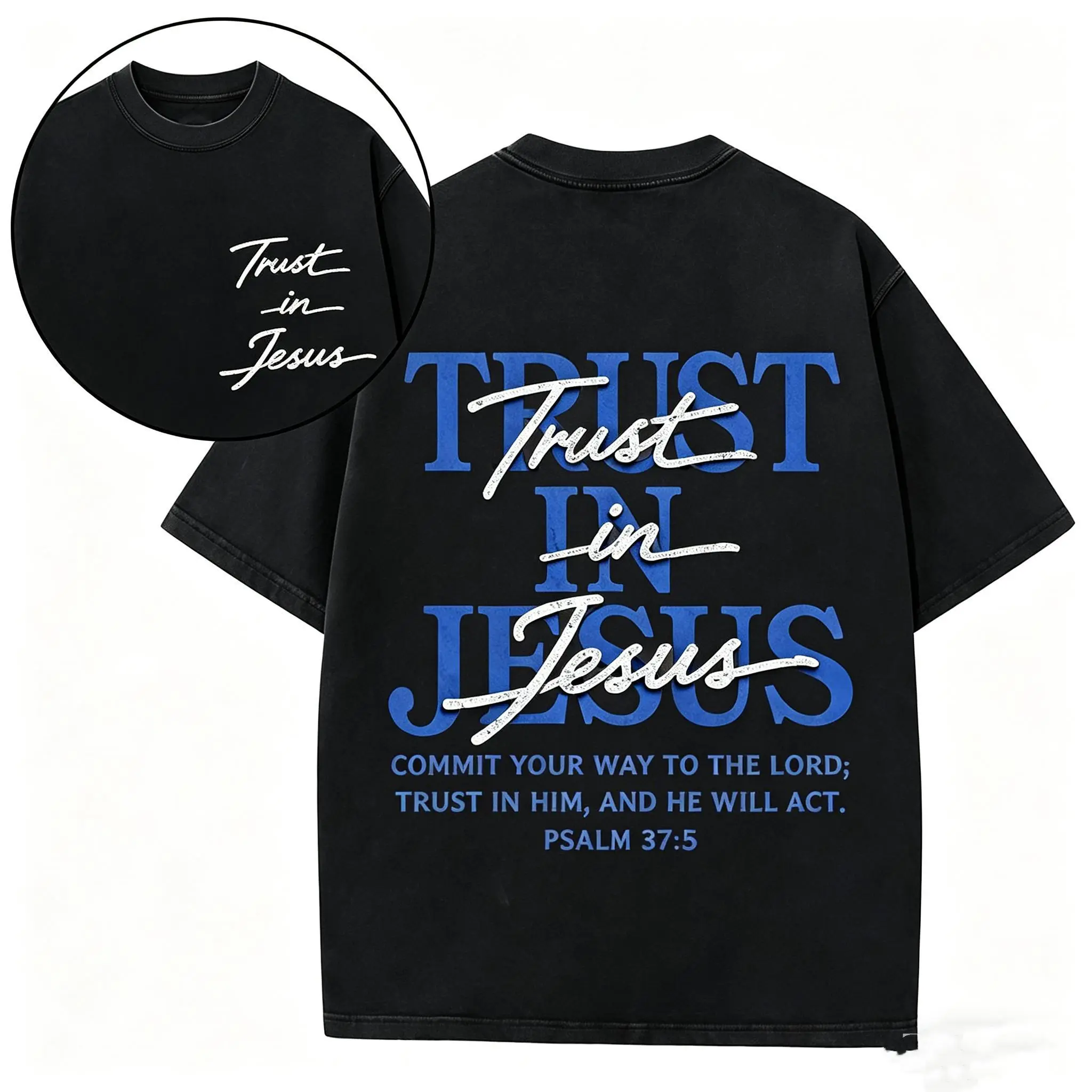 Men's Trust In Jesus Cotton T-Shirt - Psalm 37:5 Bible Verse Graphic, Round Neck Short-Sleeve, Brown Vintage Washed Oversized Casual Christian Outfit Top, Tshirt, Shortsleeve, Seamless, Fabric, Smooth, Soft, Solid, Menswear, Clothes, Graphic Tee, All Seas