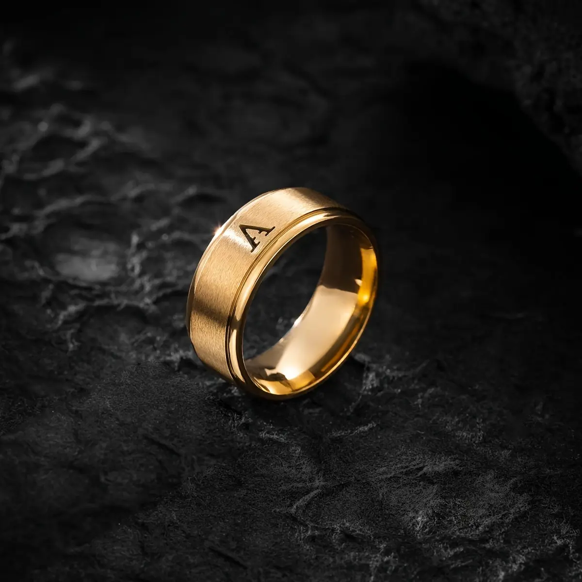 Men's 1pc Stainless Steel Double Step Matte Initial Engraving Ring - 26 A-Z Hollow Letters, Custom Letter Motif Rings for Male, Classic Engagement Gift, 3 Colors: Golden, Silvery, Black, Engravable Rings