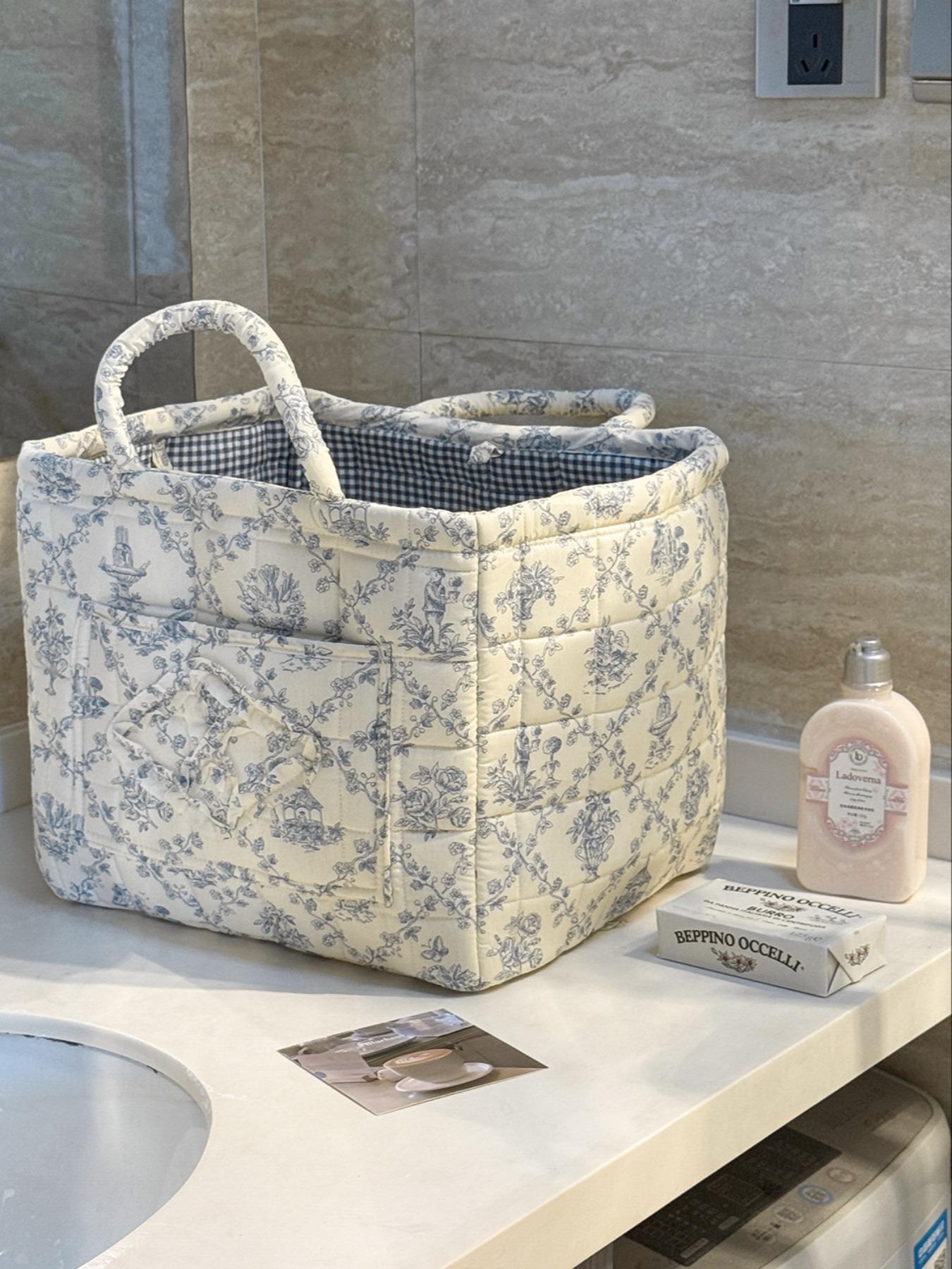 Floral Pattern Storage Basket, Portable Lingerie & Small Essentials Basket, Home Organizer for Bathroom Bedroom Office, Multipurpose Basket