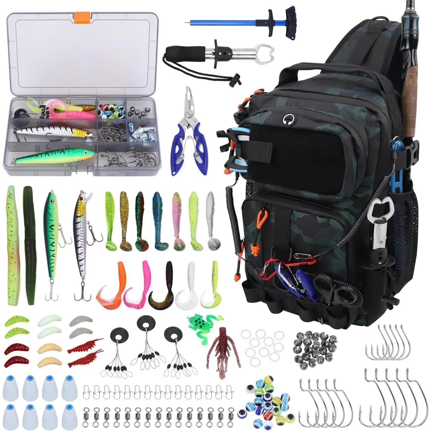Fishing Backpack with Tackle Boxes,Waterproof Fishing Shoulder Bag for Fishing Gear,Fish Bag with 136 Pcs Fishing Lures Kit,Fish Hook Remover Tool,Fish Lip Gripper,Fishing Plier,Gifts for Men (Green)Gift