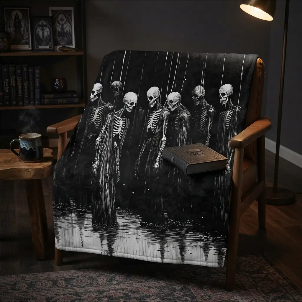 Dark Skeleton Flannel Blanket, Black and White Gothic Throw Blanket, Soft One-Sided Printed Blanket for Couch Bed Sofa, Spooky Halloween Decor