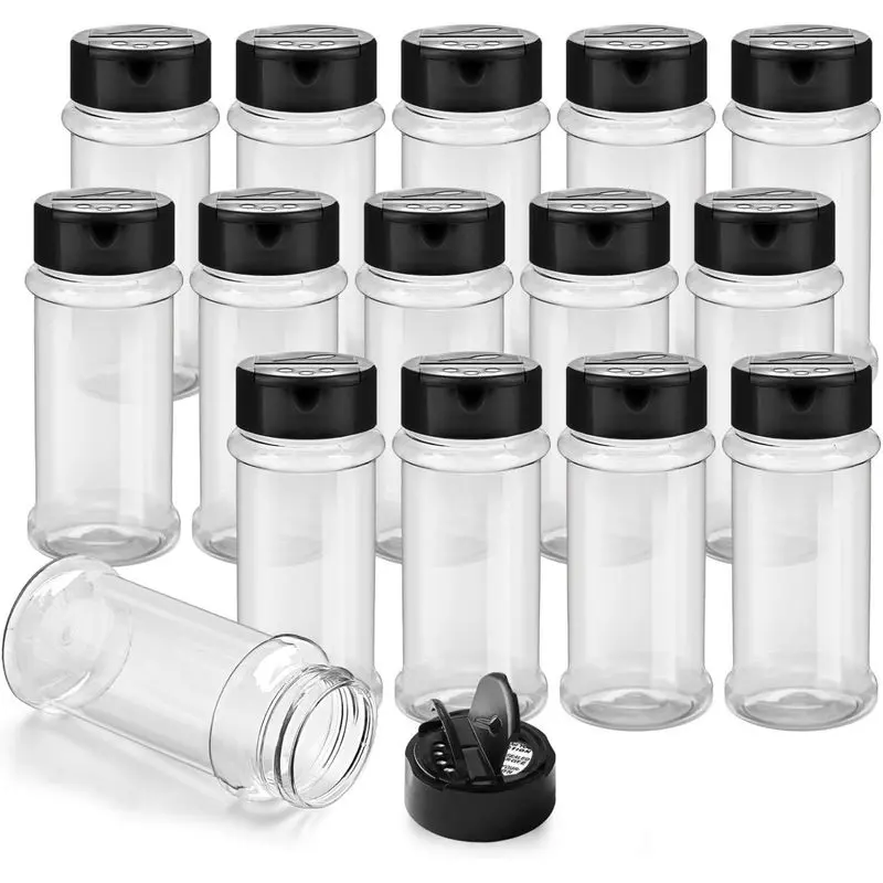14 Pcs Spice Bottles Plastic Seasoning Containers, 3 Oz Clear Plastic Spice Jars with Shaker Lids Empty for Spice & Herbs, Powders, Glitters, BPA Free| Heavy Duty| Wide Mouth| Dual Flaps