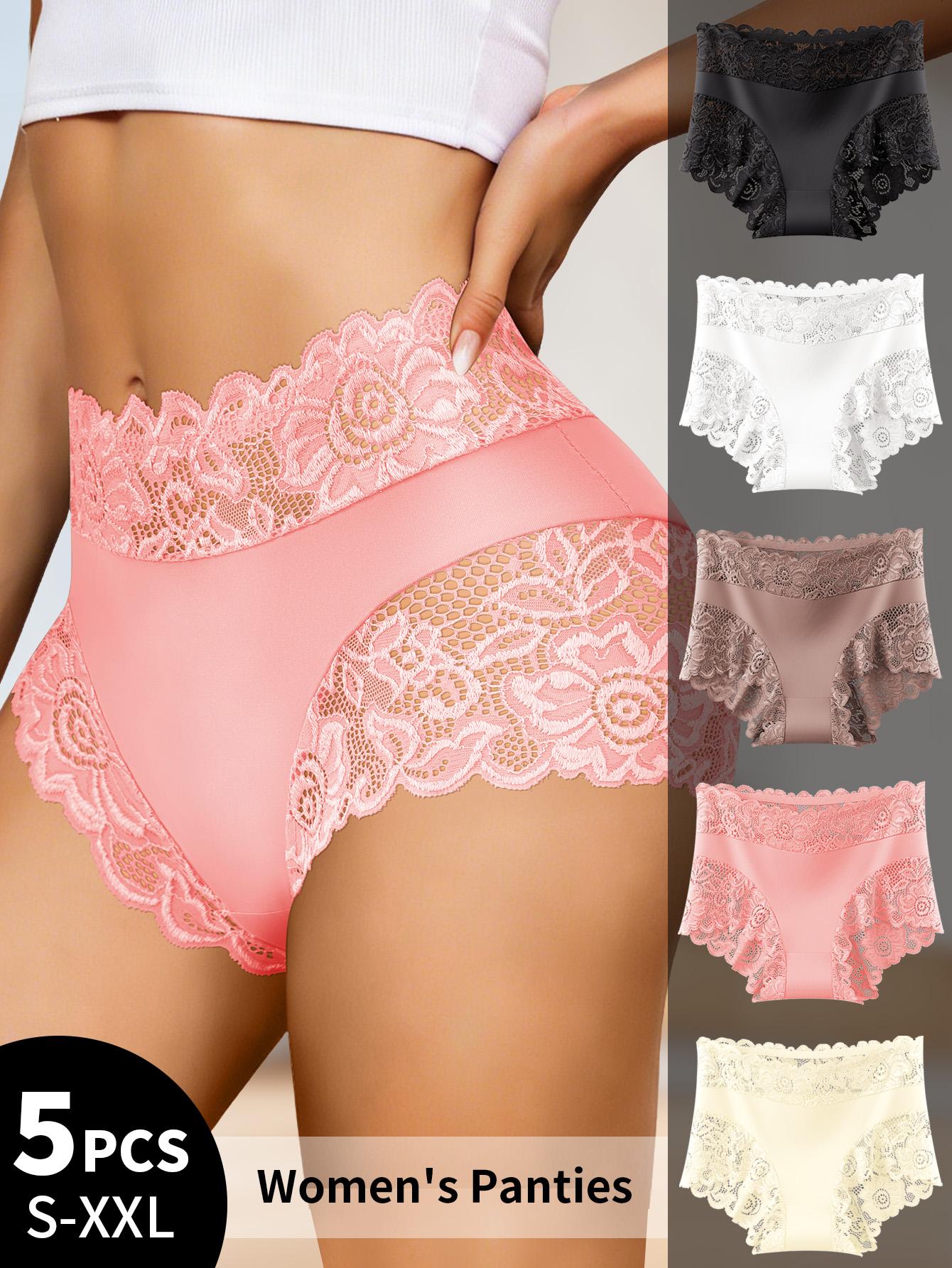 QUASTI 5 Piece Mid-Waisted Contrast Lace Underwear For Elegant Ladies - Full-brief Semi-Sheer Panties with High-Waistband, Soft Stretch Comfortable & Elegant Lace Lingerie, S-XXL SpringStatements