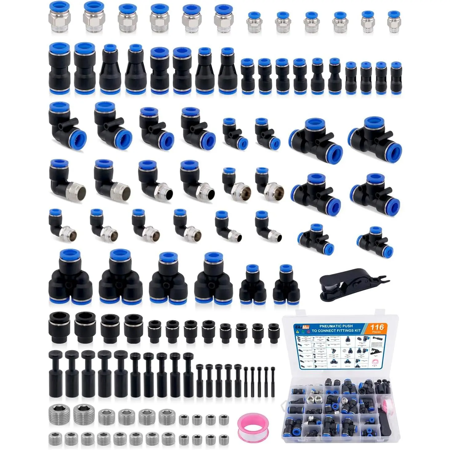 116 count Quick Connect Air Hose Fitting Kit, 1/8" 1/4" 3/8" 1/2" Push to Connect Fittings Kit, Nylon Tubing Air Line Quick Release Pneumatic Connectors for Air  System or Fluid Transfer