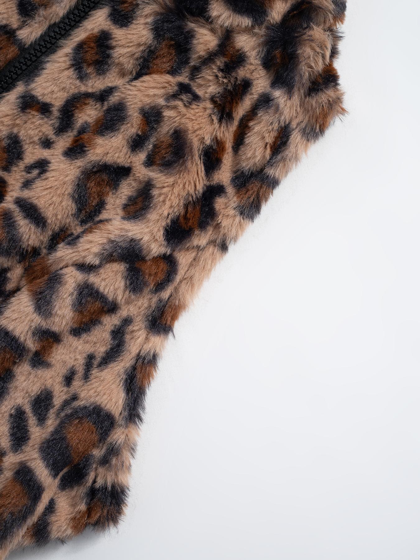 Women's Leopard Print Zip Up Crop Vest Jacket, Casual Sleeveless Stand Collar Soft Plush Outerwear for Fall & Winter, Ladies Clothes for Daily Wear