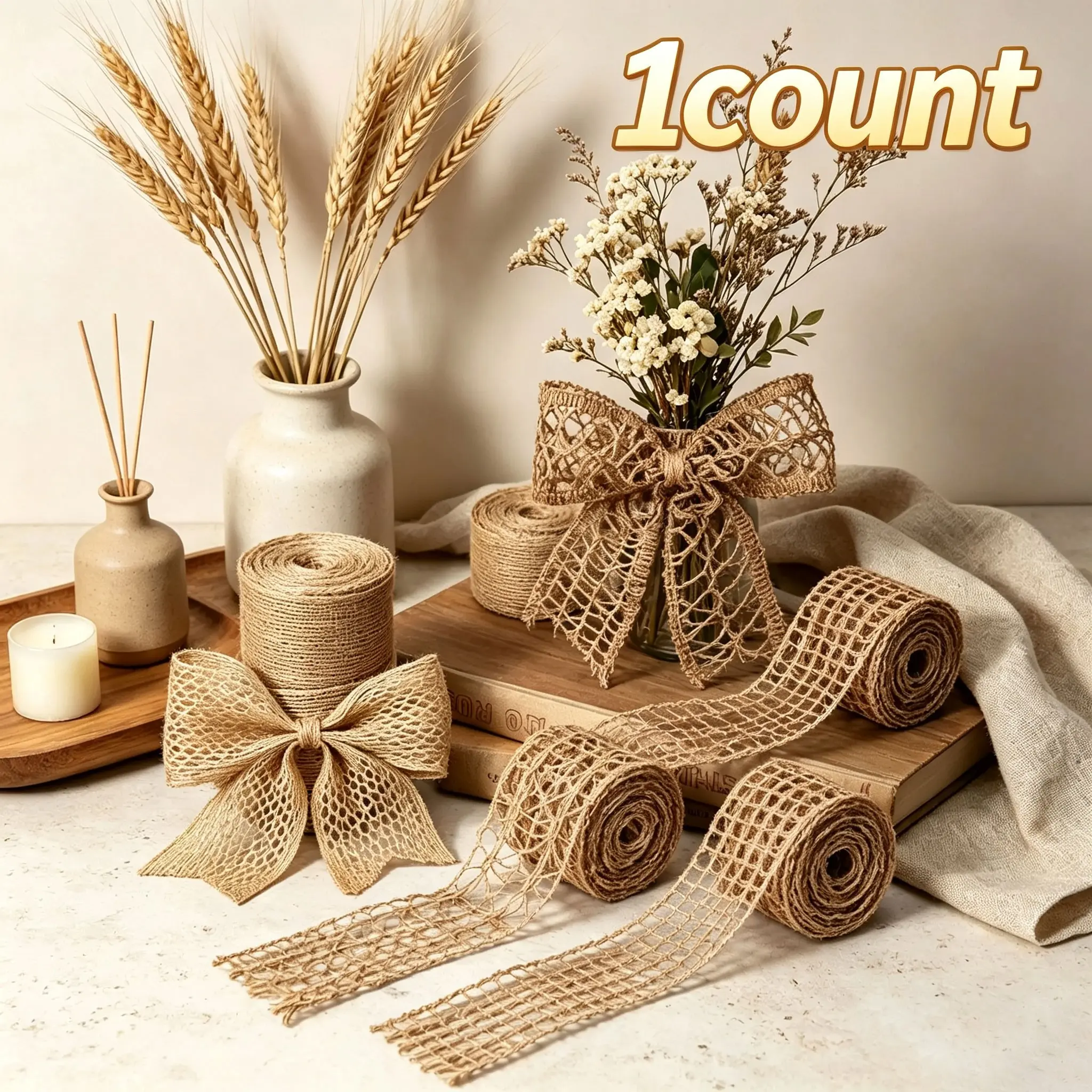 1 Roll 2M Hollow Mesh Braided Ribbon with Vintage Natural Tone, Multi-Style DIY Bow Craft Binding Strip, Multipurpose Gift Wrapping Decor Tape For Holiday Party Present Sealing & Scene Ornament Layout