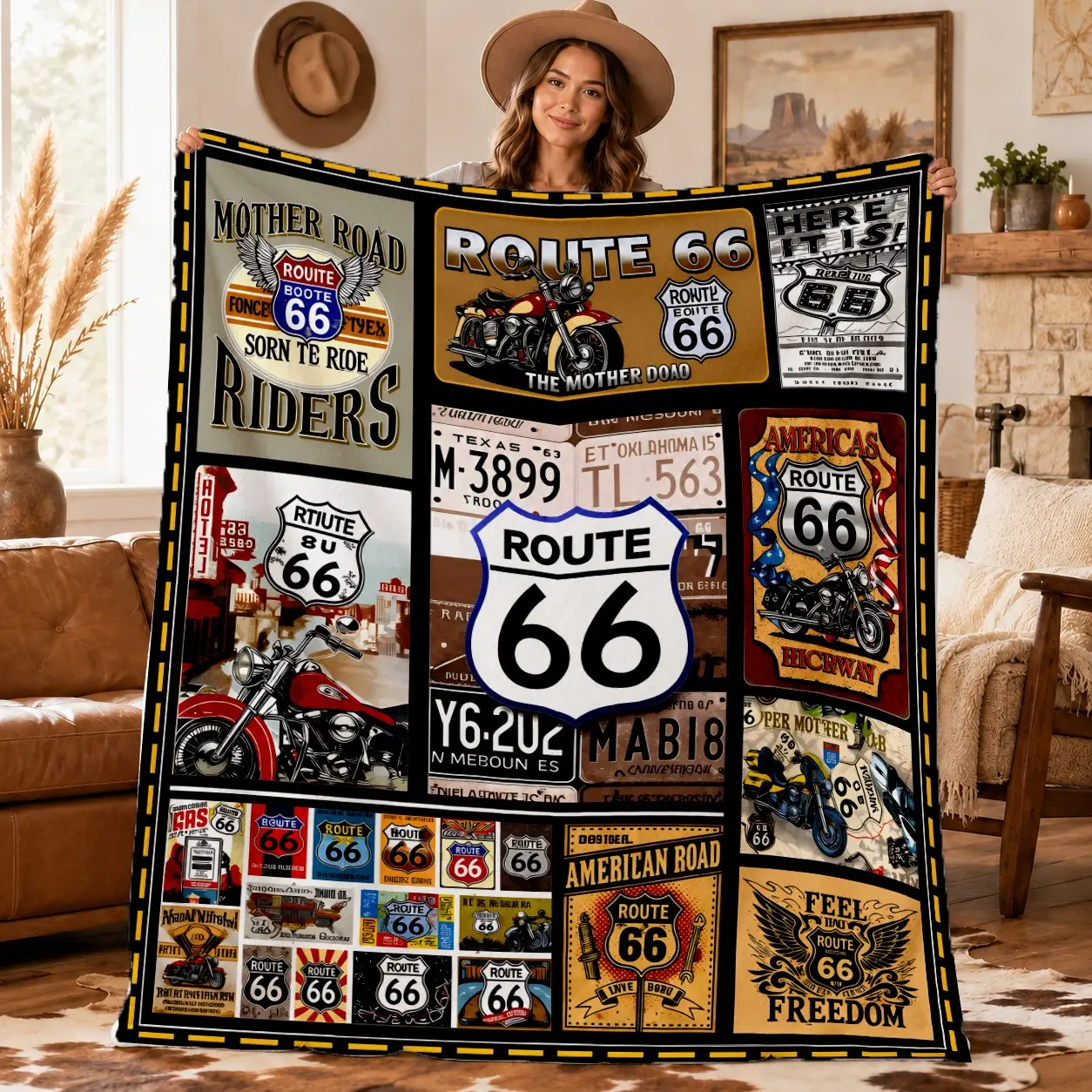 Vintage Route 66 Motorcycle Grid Collage Throw Blanket, Retro Highway Sign Biker Print, American Road Freedom Decor for Sofa Bedroom Gift, Blankets For Sofa