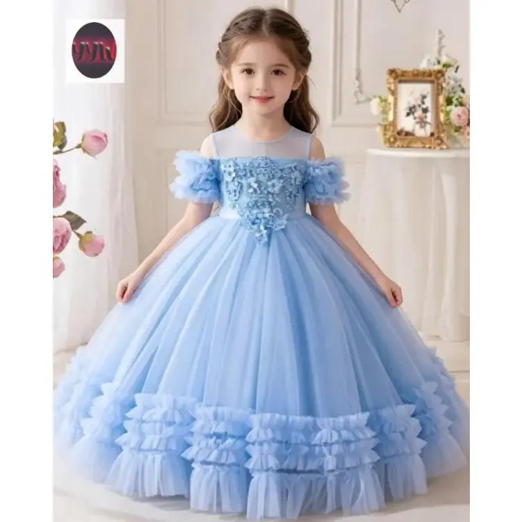 YYW1 (New)[Pretty Princess Dress] Elegant Soft Pink Long Sleeve Tulle Puffy Princess Dress |           Girls' A-Line Birthday Party & Flower Girl Dress with Floral Applique Waistband Ages 3+