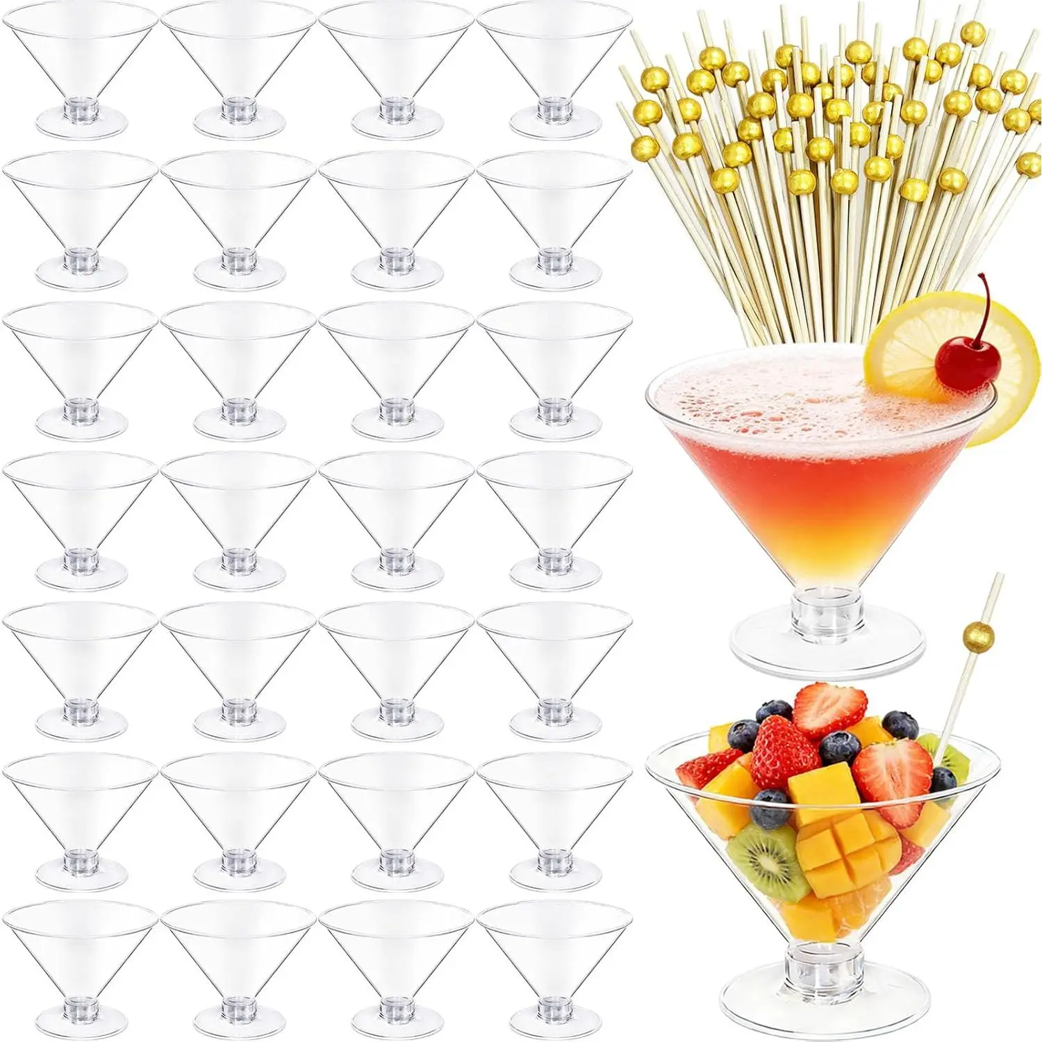 60 count 5 oz Plastic Martini Glasses with 60 count  Sticks | Disposable  Cups,Clear Short Stem  Shot Glasses for Party ,Champagne,Margarita,Desserts,Appetizers