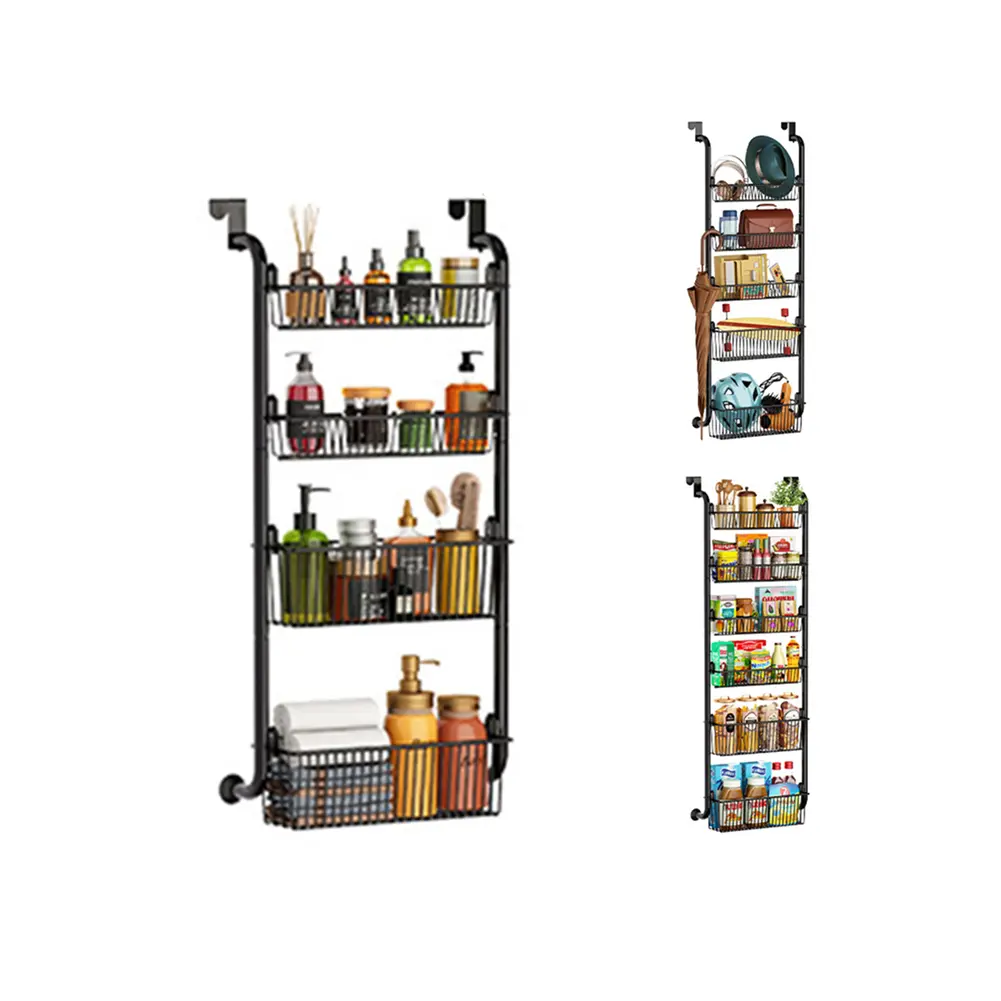 Space-Saving Over the Door Pantry Organizer Rack – 6-Tier Adjustable Metal Hanging Storage for Kitchen, Cabinet, Pantry, Bathroom – Includes Baskets for Flatware & Cookware