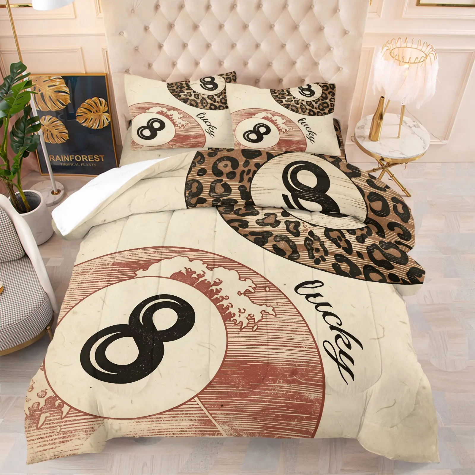 2/3Pcs Lucky 8 Ball Leopard Print Comforter Set, Retro Y2K Western Bedding Set with Pillowcases, Vintage Wave Pattern Quilt, Soft Microfiber, All-Season, for Teens Bedroom Dorm Room Decor, Perfect Gift for Leopard Print Lovers