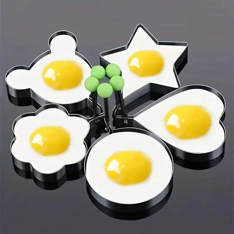 5 Counts Creative Egg Pancake Maker, Stainless Steel Bear & Star & Heart Flower & Round Shaped Cute Pancake Mold, Pancake Making Tool, Kitchen Accessories