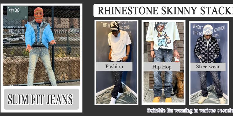 Y2K Men's Shiny Rhinestone Embellished Stretch Slim-Fit Jeans, Casual Street Style Hip-Hop Skateboarding Rap Pants, Machine Washable - All-Season Wear