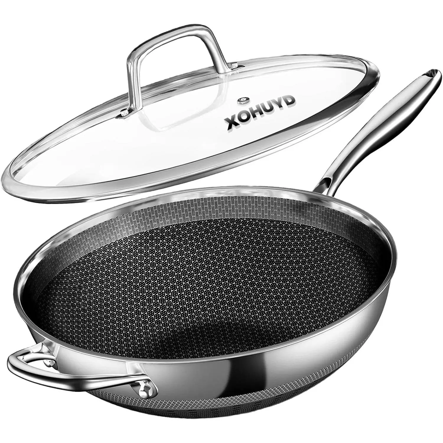 13-Inch Stainless Steel Nonstick Wok Pan with Lid, Fits Induction Electric Gas Halogen All Stoves, PFOA Free Professional Cookware, Fast Heat Dishwasher Safe