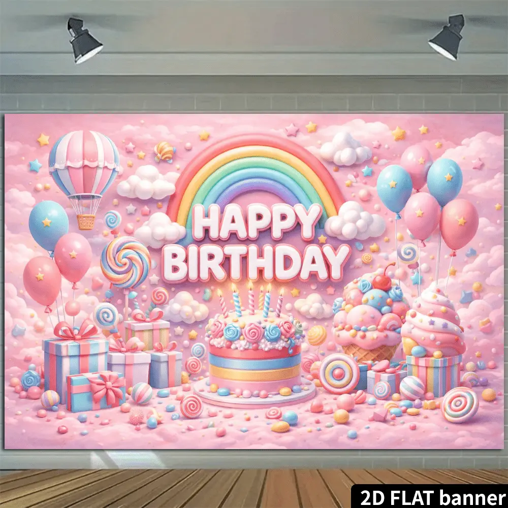2D Flat Banner Printed Paper Background, Macaron Pink Candy Rainbow Birthday Theme Polyester Festive Backdrops & Banners, HD Digitally Printed Soft Lightweight Foldable Cloth for Birthday Parties, Indoor Photo Shoots, Printed Paper Background Festive Back
