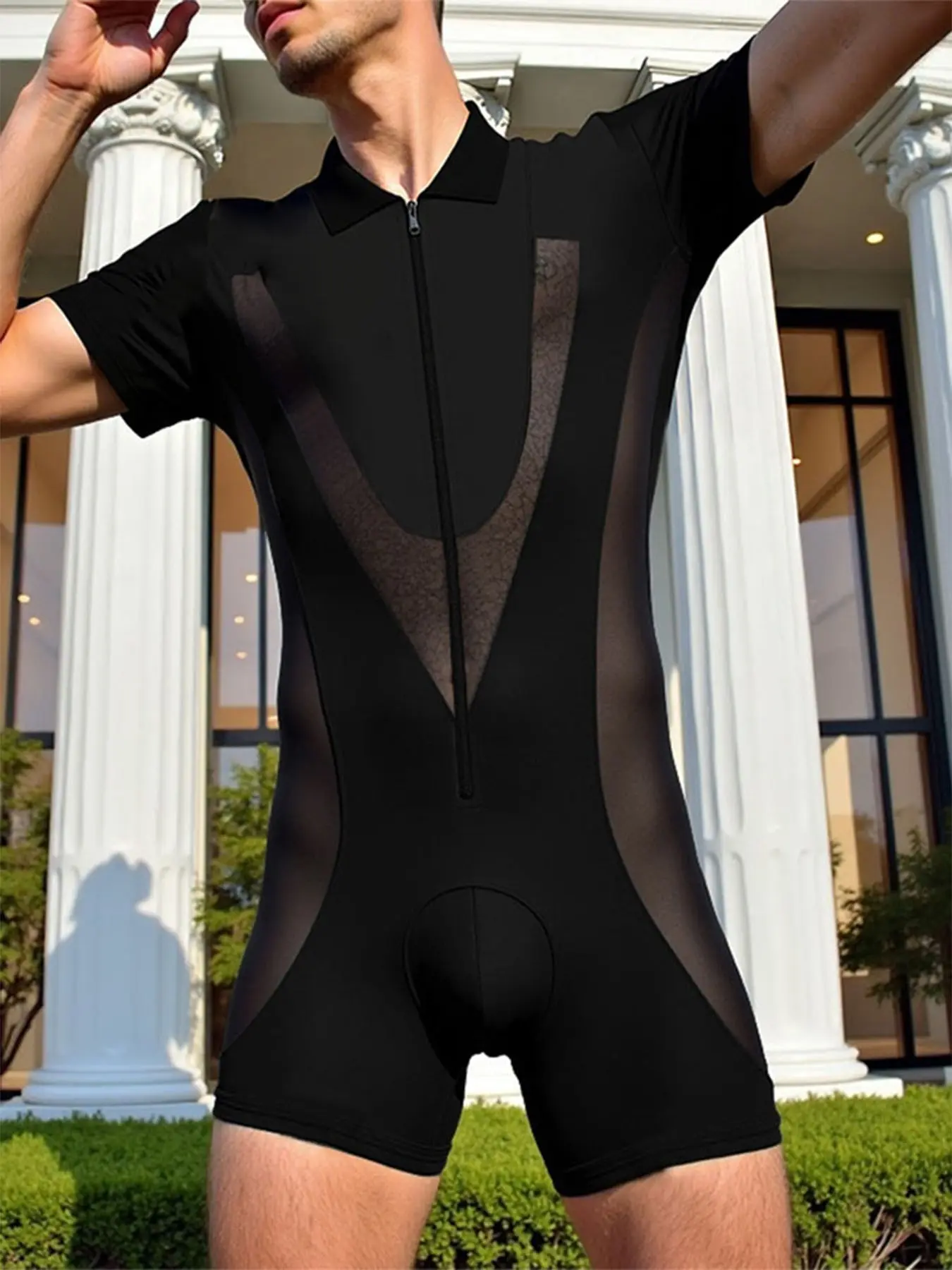 INCERUN Men's Casual Fashion Activewear Romper, Mesh Deconstructed Patchwork Design, Collar Zip Short Sleeve, Flat Front, Ideal for Gym Wear