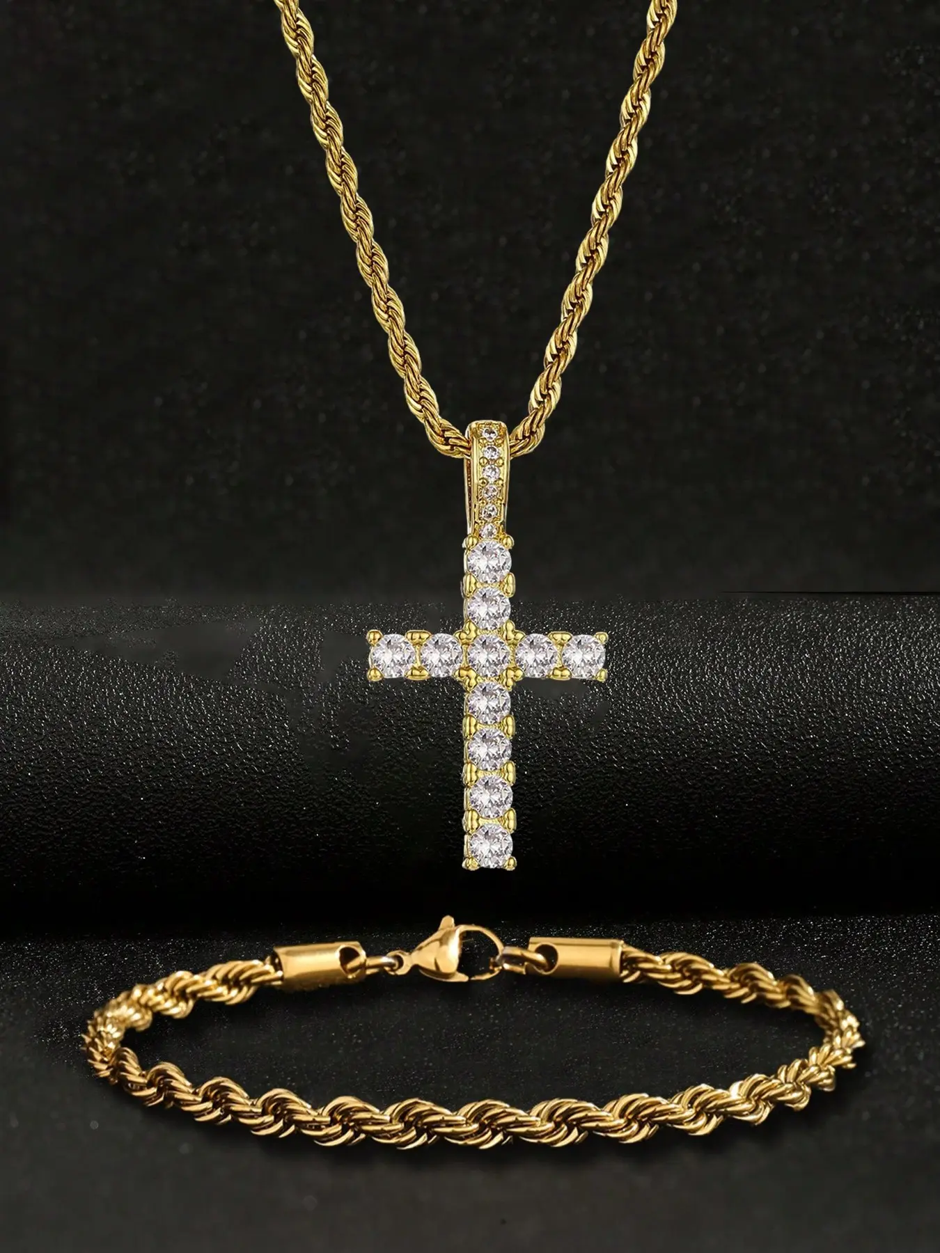 2-Piece Set, Accessories Set, Jewelry Sets: Cross Pendant Necklace and Bracelet Featuring Sparkling Cubic Zirconia and Stainless Steel Twisted Chain, Punk/Hip-Hop Street Style Jewelry, Gift Suitable for Men, Girls, and Children, Father's Day Gift