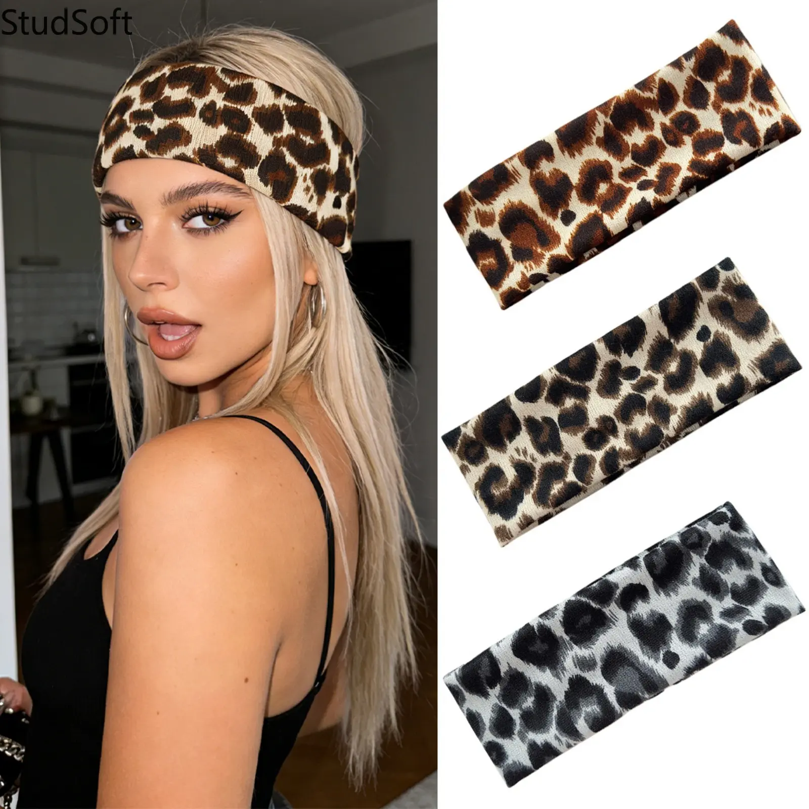 Women's Wide Leopard Print Workout Headbands, 3-Pack Elastic Hair Accessories for Yoga, Running & Streetwear, Female